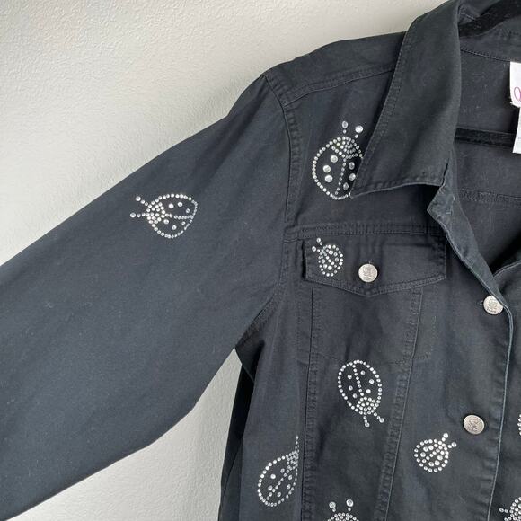 Quacker Factory Black Denim Ladybug Rhinestone Embellished Button Jacket Large - Picture 7 of 14